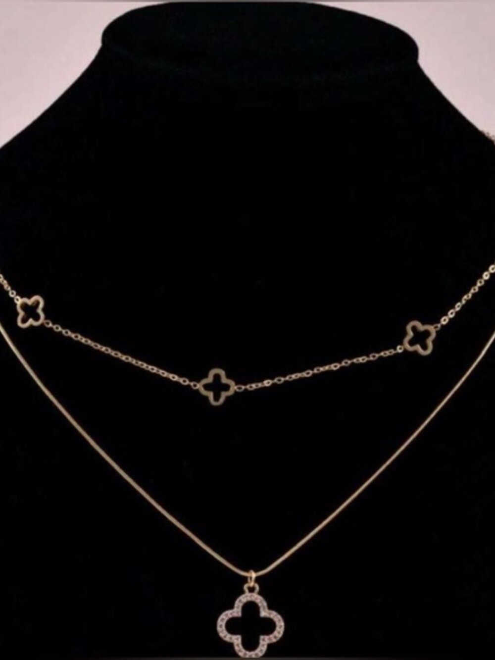 Gold Plated Stainless Steel Clover Layered Necklace CZ Pendant Double Chain